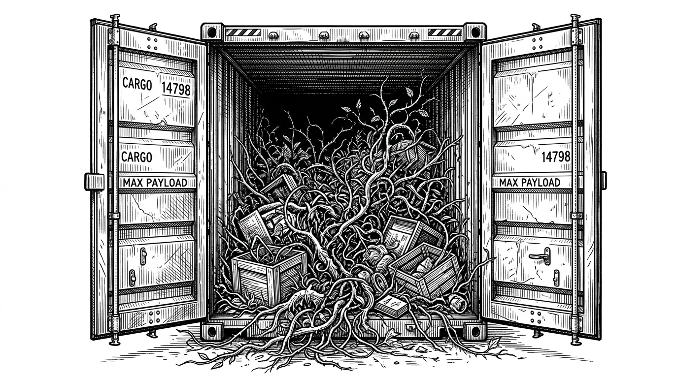 A heavy steel shipping container with its doors open, overflowing with a chaotic tangle of weeds and roots. This represents how an unfiltered build context can bloat a container image.