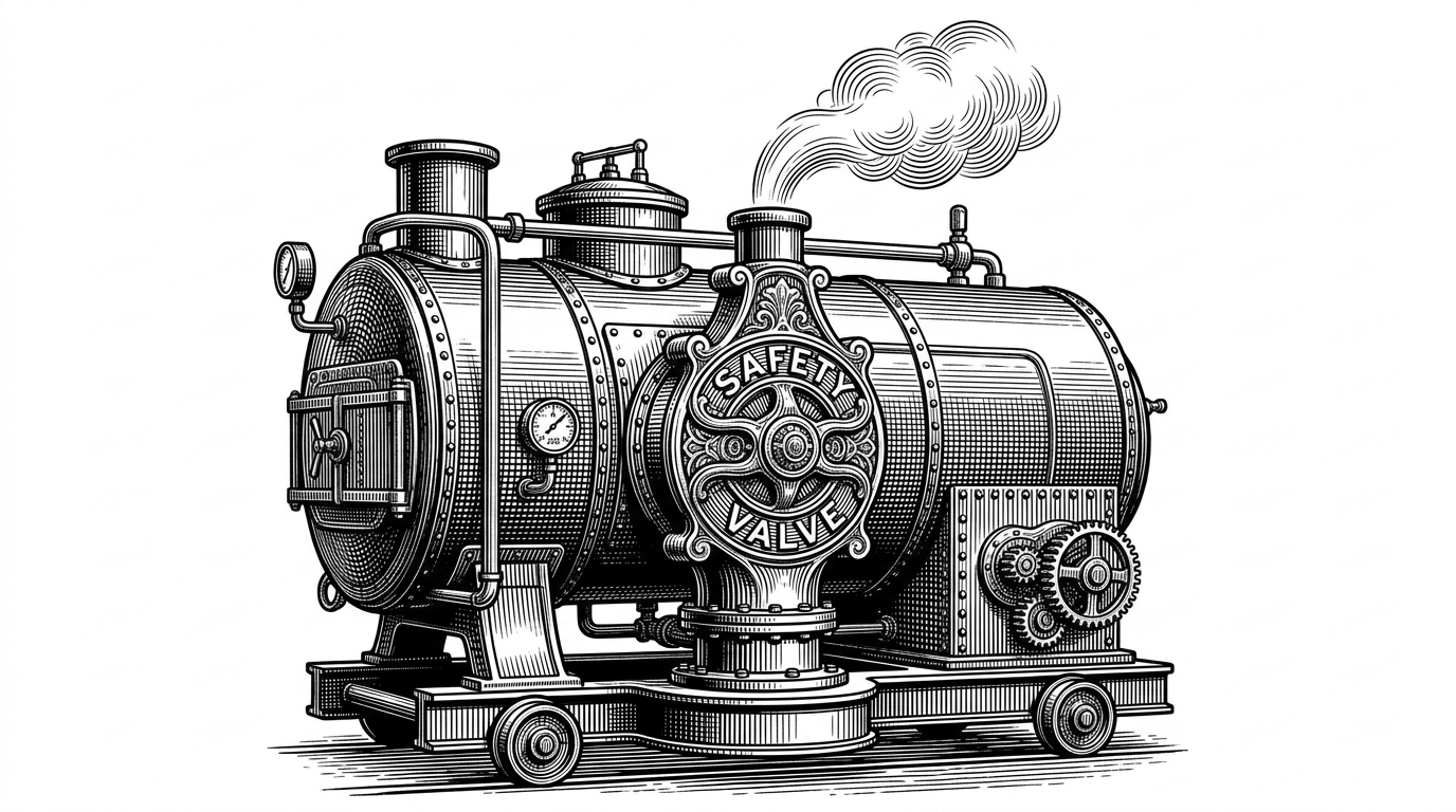 A Victorian-era boiler with a massive ornate safety valve releasing a single puff of steam, illustrating controlled release and isolation in a system.