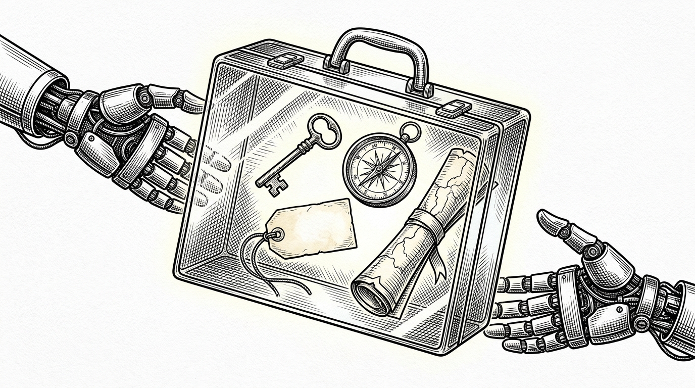 A glowing glass suitcase containing a brass key, a compass, a name tag, and a map. This represents the self-contained Base64 connection string.