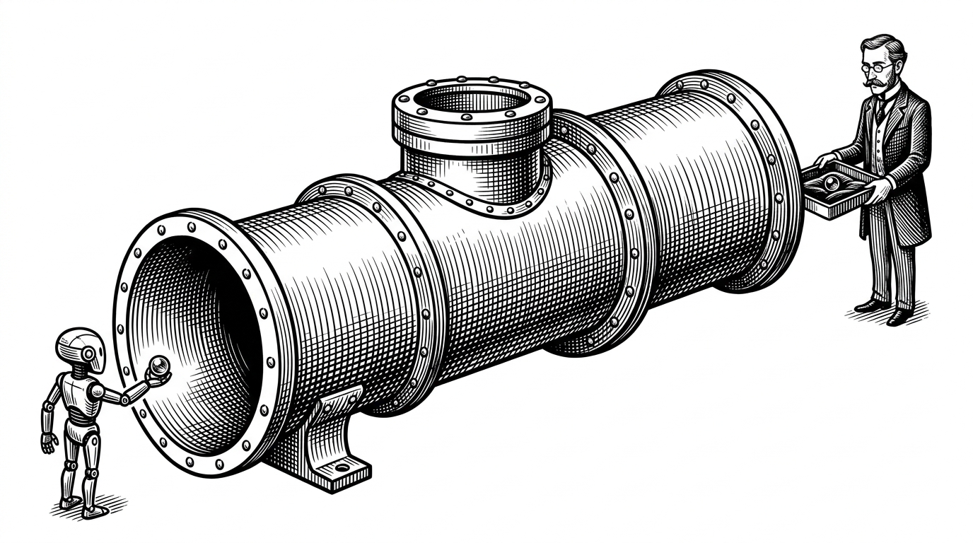 An enormous, ornate industrial pipeline catching a minor glass marble from a tiny mechanical robot, while a scientist catches it at the other end. This illustrates using heavy enterprise infrastructure for small data packets.