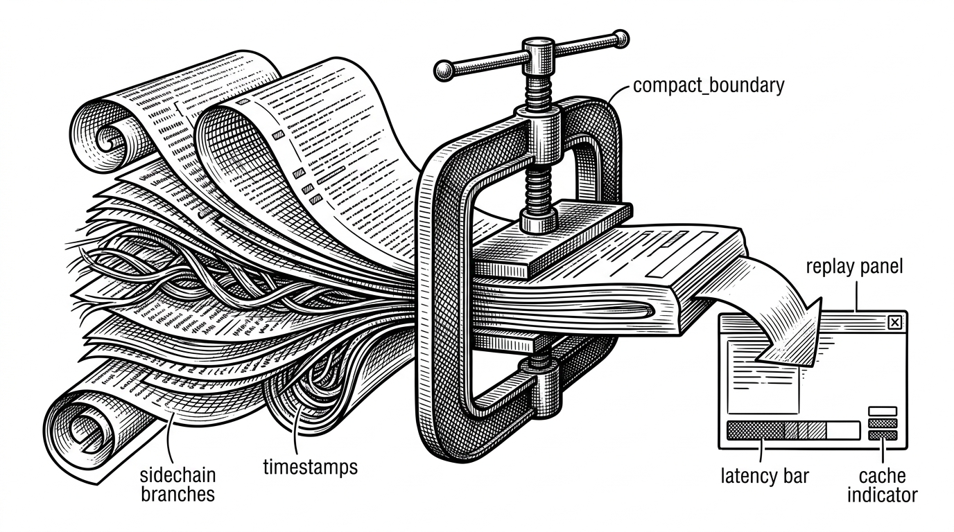 A close-up of a dense session scroll being pressed through a compaction mechanism. On the left, many small chat turns, timestamps, and side branches are stacked tightly together. In the center, a folding press compresses them into a shorter summary block. On the right, the simplified session continues into a replay panel with a latency bar and a cache indicator. The image explains how cc-lens makes compaction and replay visible.