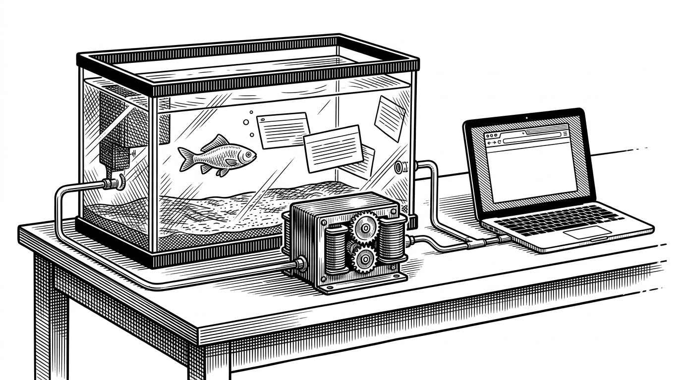 A fish tank on a workbench feeds a compact machine and a laptop. The scene explains that GuppyLM turns synthetic data into a tiny transformer and then into a browser demo, making the whole path easy to follow.