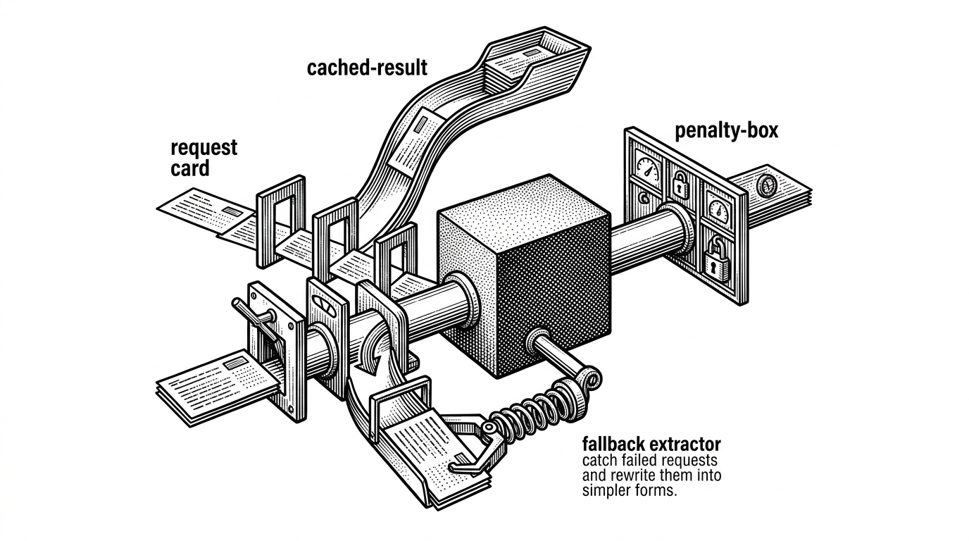 A control-room pipeline shows a request moving through checkpoints before it can reach an expensive model. Some paths are cached, some are rate-limited, and one path drops into a fallback extractor. The image explains that SmartKhata is engineered around AI failure modes as much as AI capability.