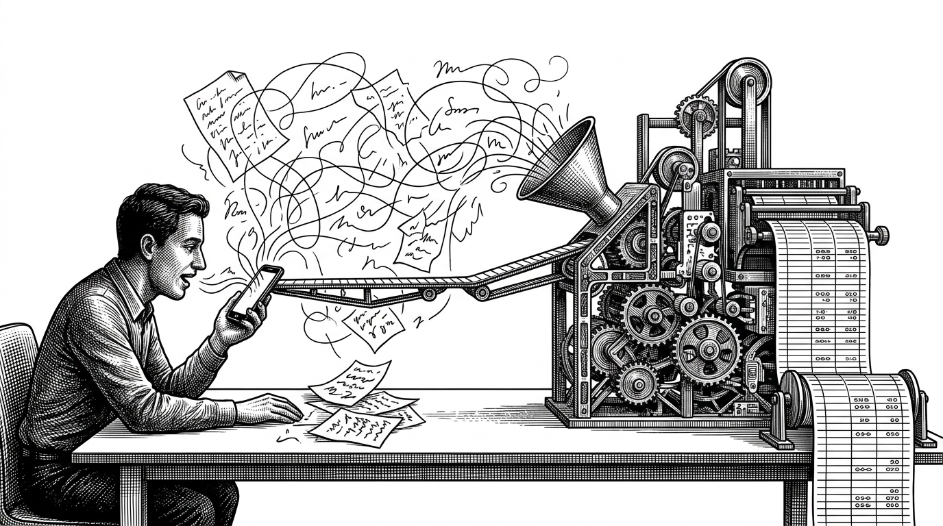 A person speaks into a phone while a ledger-like machine turns messy money talk into neat rows on the other side of a table. The scene explains SmartKhata's core promise: convert casual, multilingual expense chatter into structured financial records without forcing users into forms.