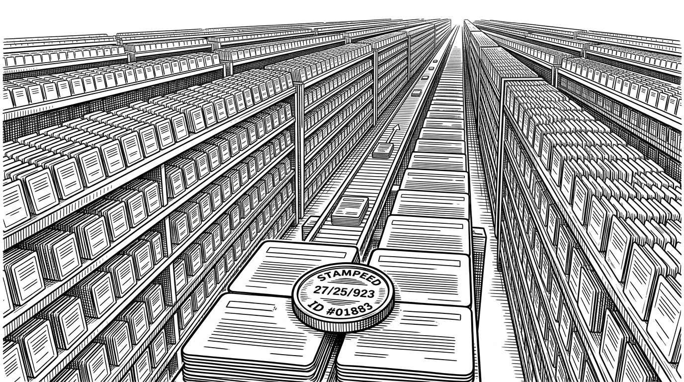 A vast warehouse of product cards stretches into the distance while a narrow cursor line threads through them. In the foreground, a stamped token locks between two nearly identical items, showing how order survives scale.