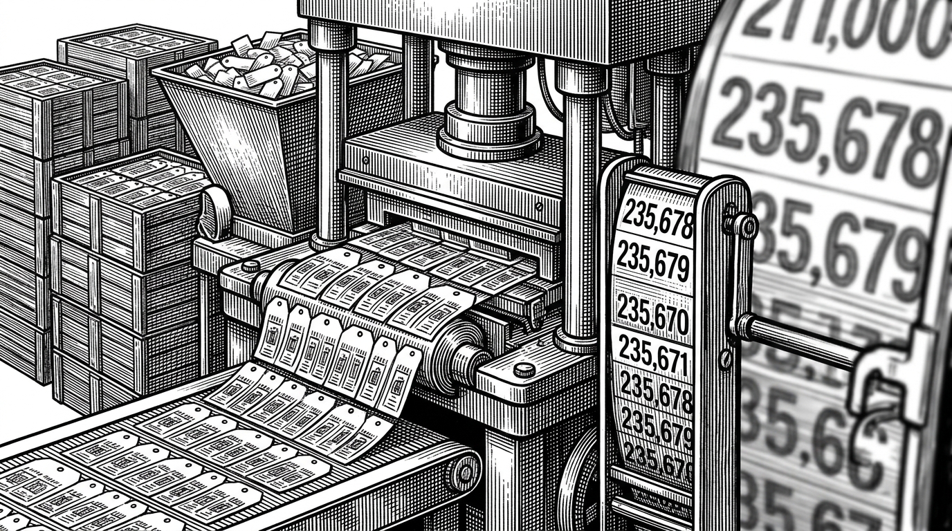 A close-up of a stamping press producing identical product tags in batches while a counter climbs toward a large catalog. The machine suggests that scale is not cosmetic, but built into the demo from the start.