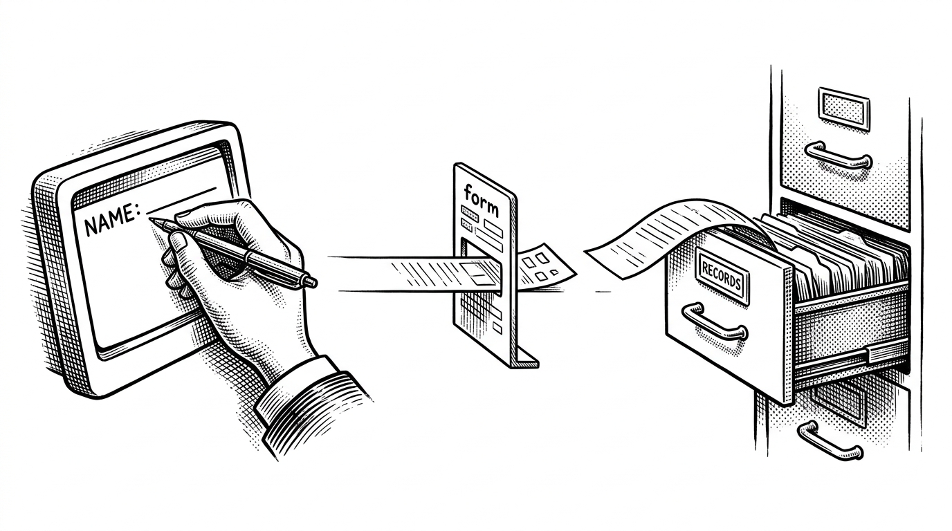 A single student record moves through a narrow pipeline of stations, from a terminal prompt to a storage drawer. The scene explains that CRUD is not just a menu, but a visible path from input to persistence.