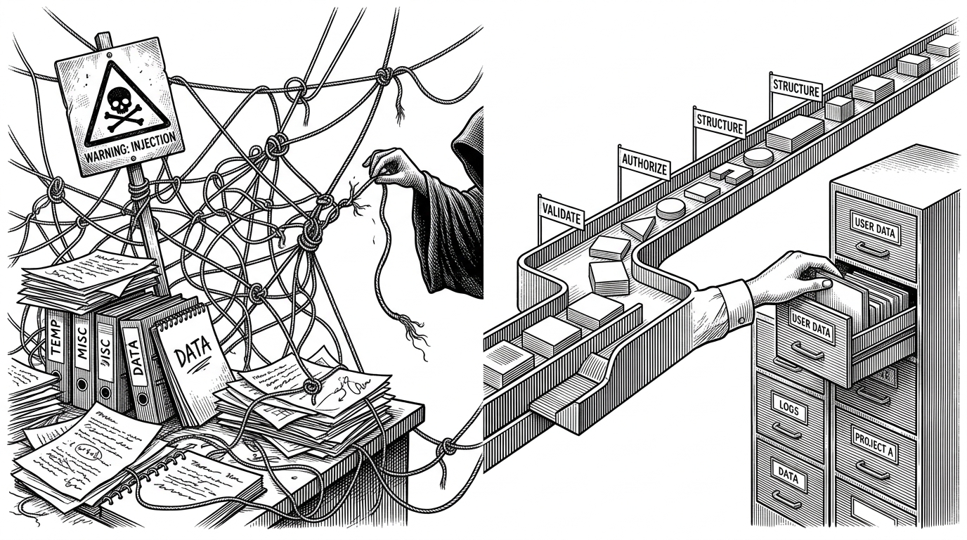 A split scene contrasts a tangled, error-prone path on the left with a neat, controlled path on the right. The left side suggests loose string building and corrupted writes, while the right side routes data cleanly into storage through structured steps.