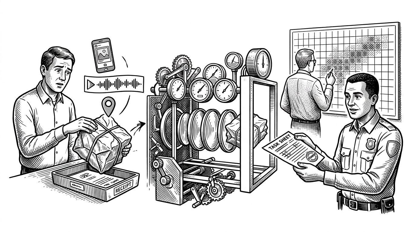 A citizen complaint moves through a proof corridor. On the left, a resident drops in a crumpled report with a phone image, voice waveform, and location pin. In the middle, lenses and scoring dials inspect the evidence. On the right, a ward officer receives a stamped task while a city admin watches a heatmap fill in behind it. The scene explains that LokAyukt is built around verified closure, not just ticket intake.
