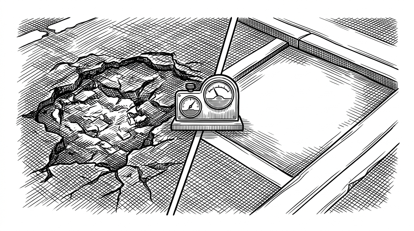 A close-up of two municipal repair photos being judged by a split lens. The left image shows a rough pothole surface. The right image shows the repaired road. Between them sit a tiny noise meter and a flatness gauge, suggesting the system checks image plausibility before judging whether the fix is real. The image explains LokAyukt’s anti-fraud verification loop.