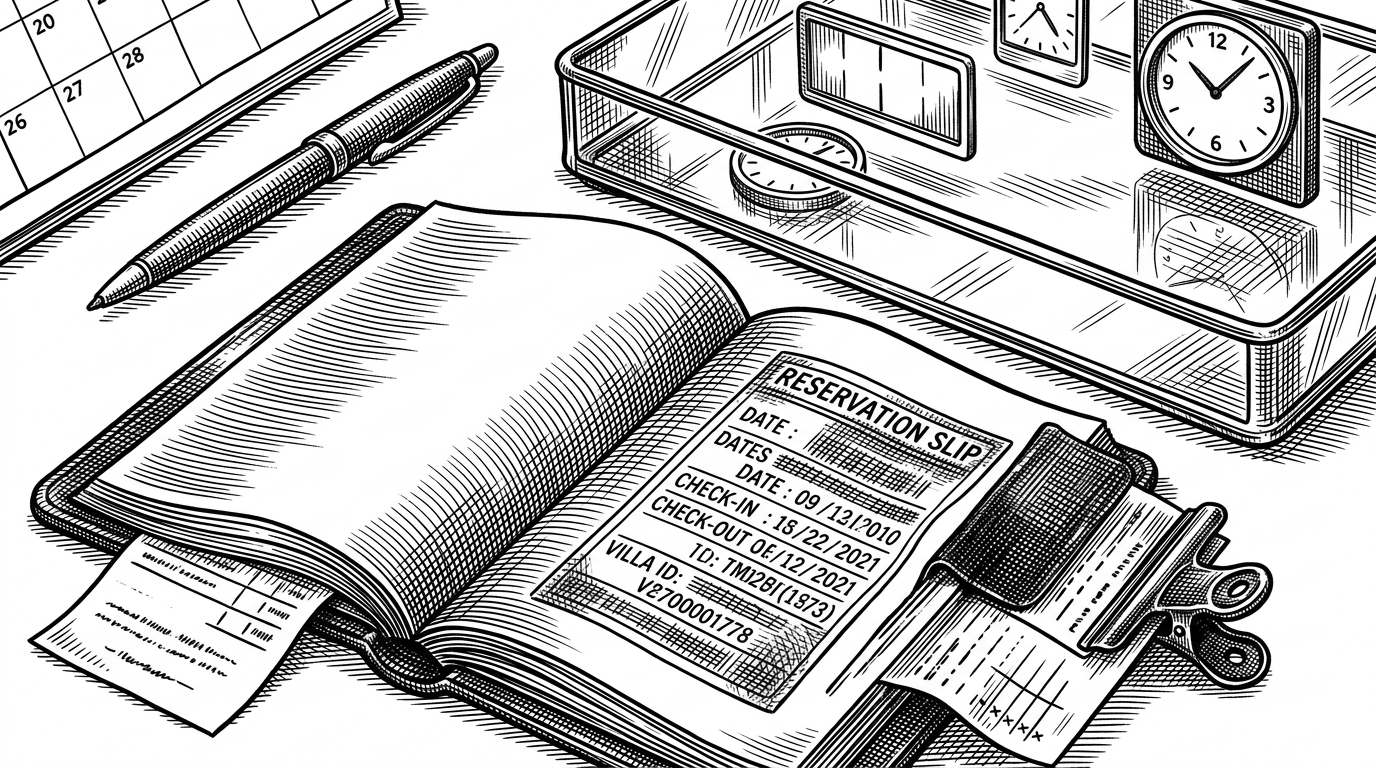 A close-up of a desk ledger showing check-in and check-out strings, a villa ID stamp, and a transparent tray holding time windows rather than physical items. The scene explains that the booking state stores temporal intent instead of shopping inventory.