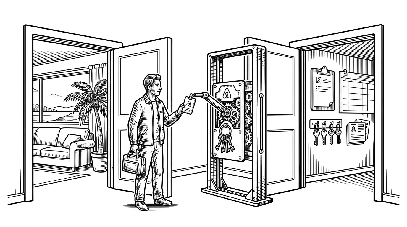 A traveler stands at a forked doorway while a gatekeeper frame routes them toward either a villa browsing space or a host dashboard. The scene explains that the app treats identity as a staged workflow, not a binary signup choice.