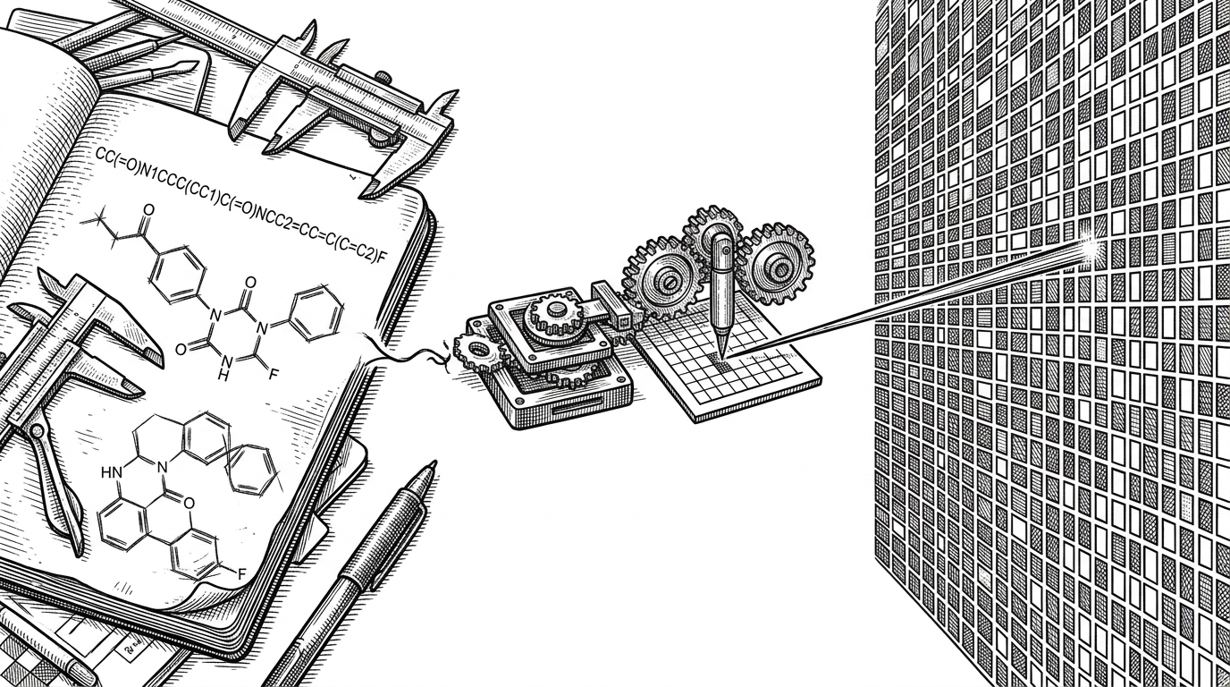 A chemical note on the left becomes a compact grid of fingerprint bits on the right, with a numerical beam connecting the query to a larger stored matrix. The scene explains how the repo turns a molecule into vector data before any search happens.