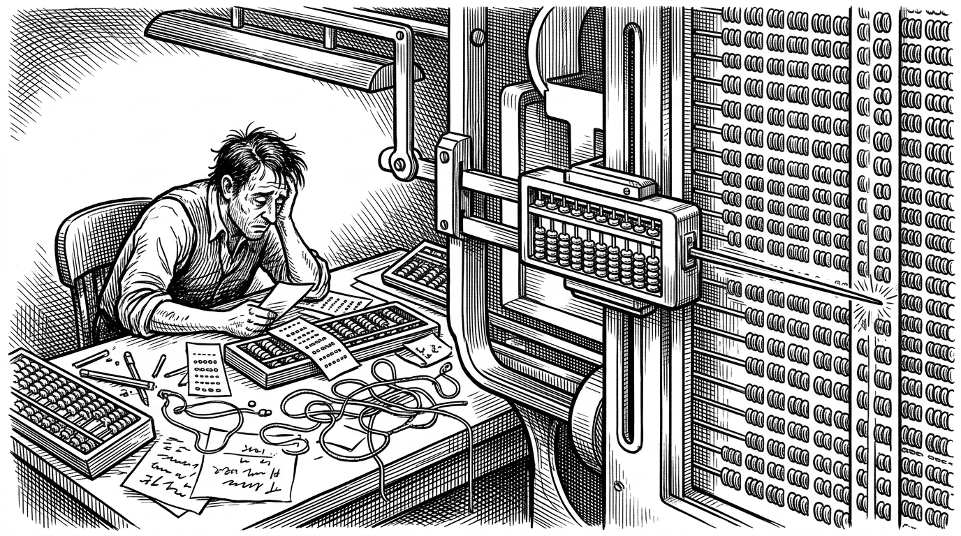 A close-up of a mechanical similarity engine compares one query pattern against many stored patterns at once. The left side suggests manual pairwise checking, while the right side shows parallel scoring collapsing into a ranked result.