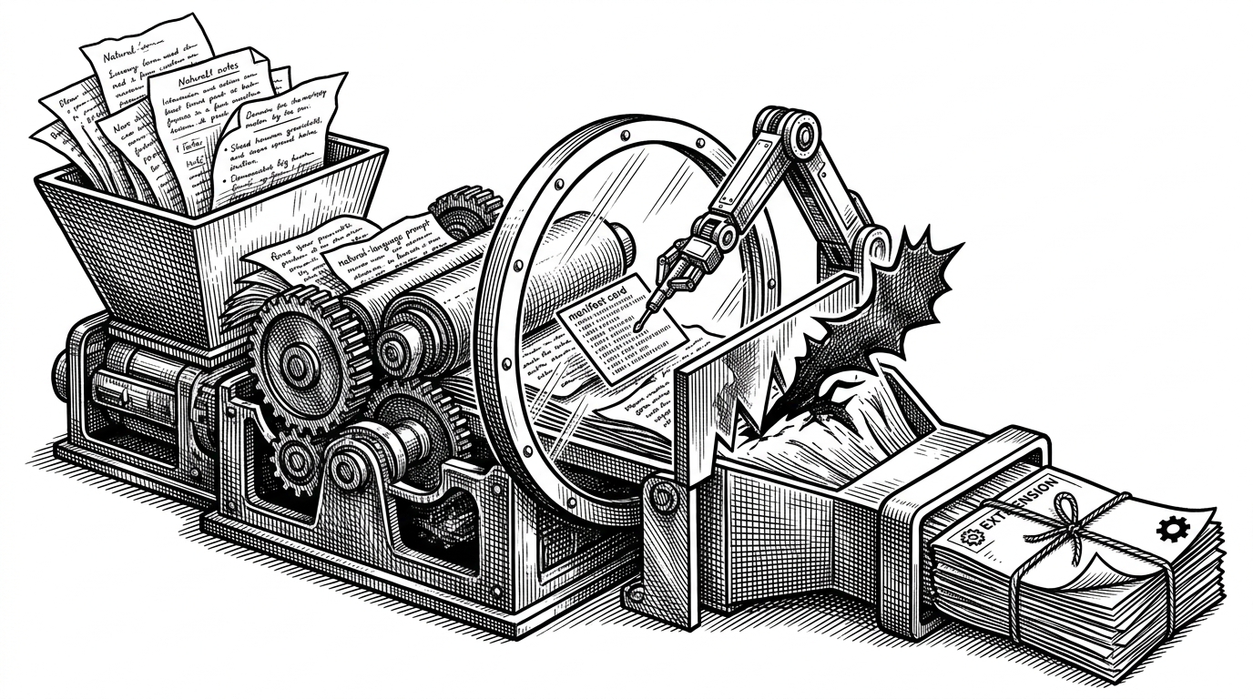 A prompt drops into a mechanical press and comes out as a sealed browser-extension package. A guard arm checks the package mid-press, stopping a dangerous component before the archive is finished. The image explains that the project does not just generate code, it governs what can be shipped.
