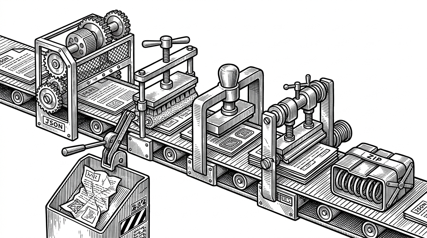 A close-up conveyor belt moves a ZIP stream through checkpoints labeled by role, with one bad file diverted into a side chute. The visual explains how the generation pipeline filters, packages, and delivers files without staging a full filesystem tree.