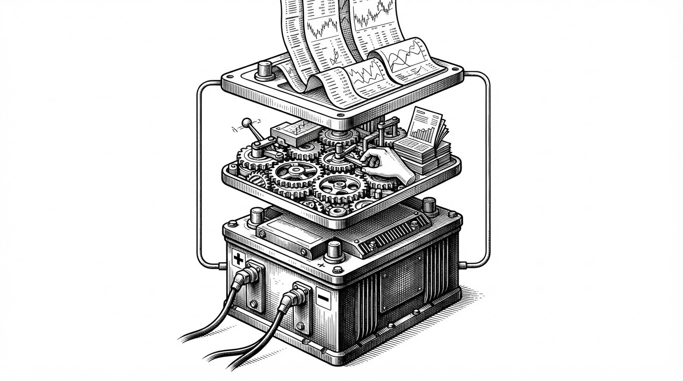A close-up of a single battery split into layers, with a physical asset at the bottom, a strategy layer in the middle, and forecast and market signals above it. It shows that ASSUME separates the asset from the bidding logic so strategy can change without changing the unit itself.