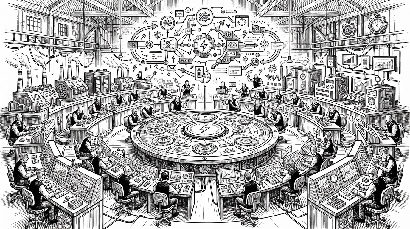 A wide market scene where generators, batteries, and demand assets appear as trading participants around a central clearing board, while small strategy nodes exchange signals overhead. It explains that ASSUME models both the market rules and the adaptive agents inside the market.