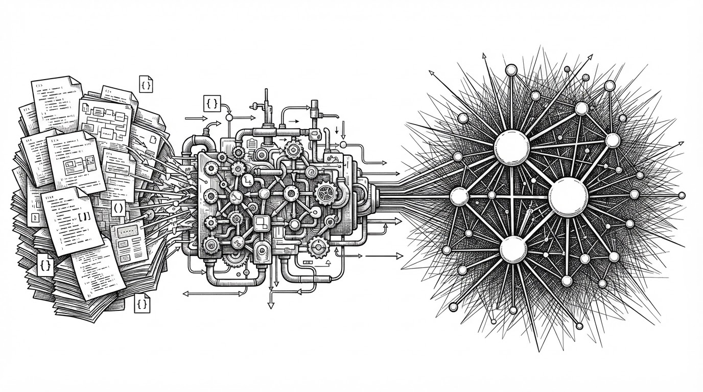 A wide black-ink editorial scene shows source files on the left being converted into a dense graph in the center, then narrowed to a few high-risk nodes on the right. The image explains that VulnSwarm treats code as a network, not a flat text file, and scores the places where one flaw can spread outward.