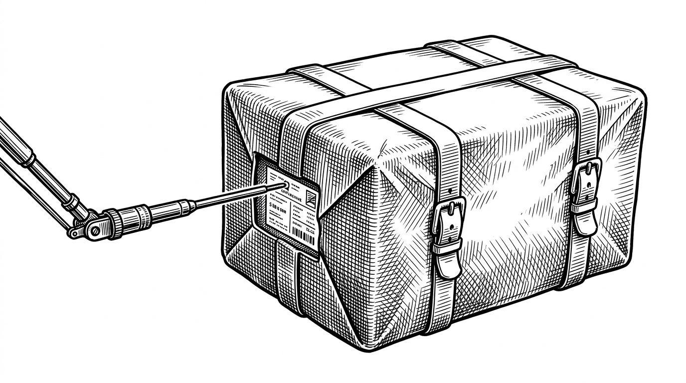 A sealed wheel archive is probed by a thin mechanical arm that reaches only to the archive's tail, where the metadata sits. The image explains how uv reads package metadata from a remote wheel without downloading the full archive first.