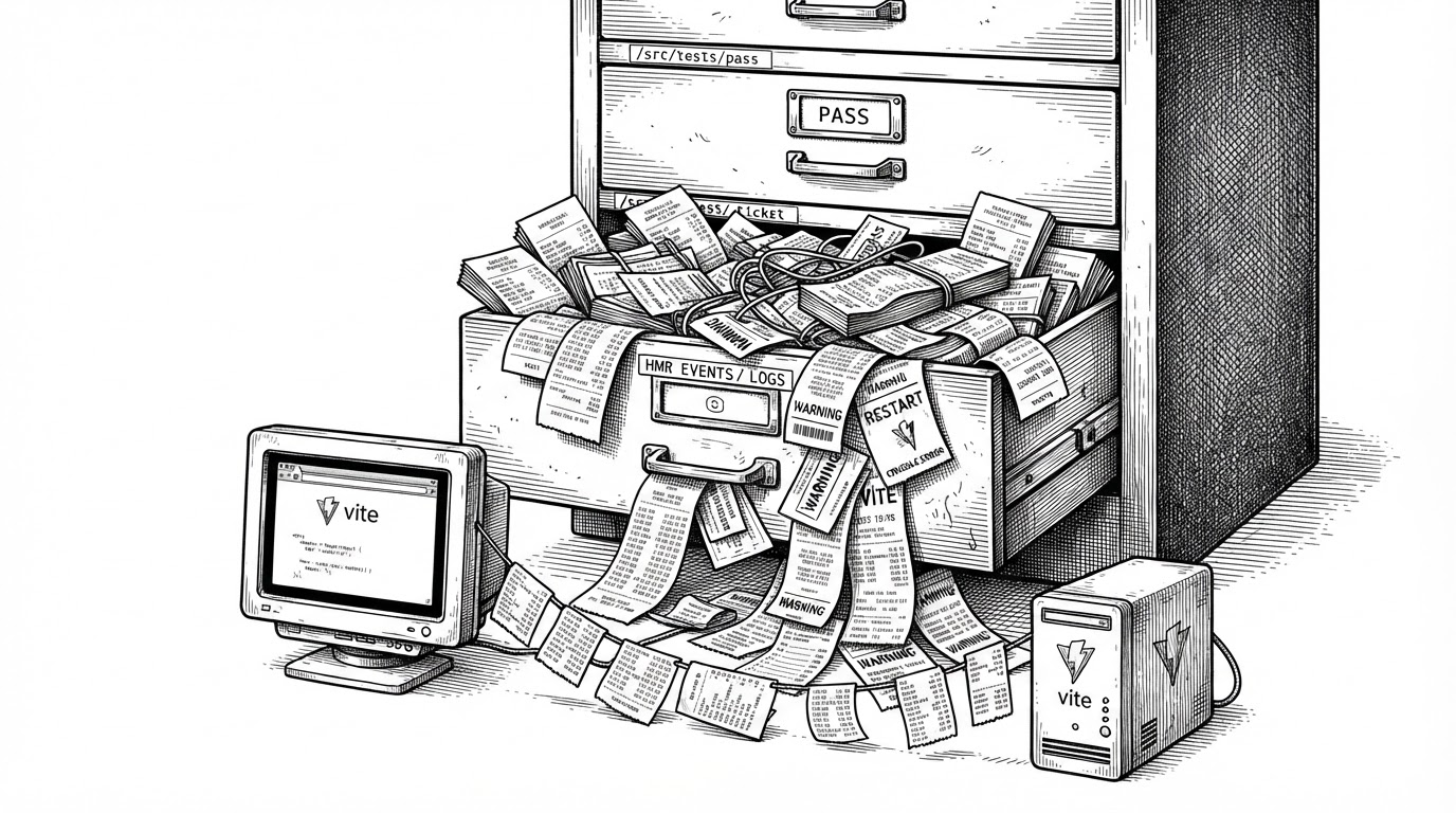A wide editorial illustration of a filing cabinet built from receipts and evidence slips. One drawer is labeled Pass, another Contested, and a third spills out HMR events, console warnings, and server restart notes. A browser window and a Vite server tower sit in the foreground, linked by a thread of paper trails. It explains that Async Witness records pipeline behavior as proof, not just page state.