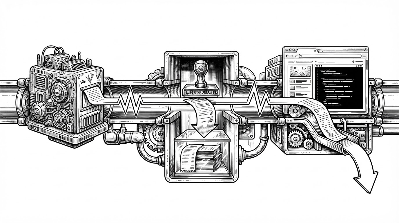 A close-up cross-section of a Vite pipeline. On the left, a dev server emits a hot update. In the middle, a hidden evidence chamber stamps the event and routes it into a store. On the right, a browser receives the update, but one branch silently reroutes into a full reload. It explains that Async Witness captures evidence in motion instead of reconstructing it afterward.