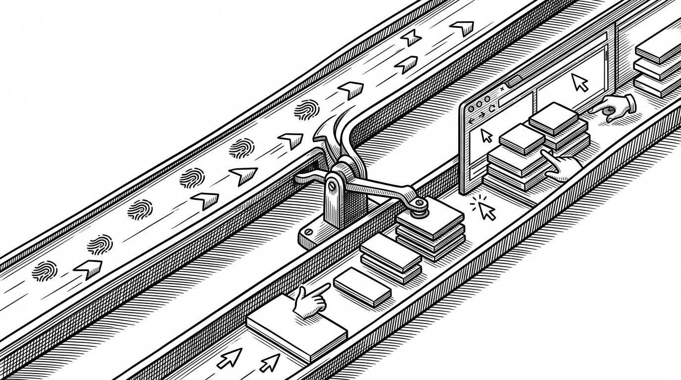 A close-up of a mechanical switchboard with two parallel rails. One rail is a clean protocol pipe marked by TLS fingerprint symbols and fast data packets. The other is a visible browser path with a window frame, DOM blocks, and human interaction cues. A dispatcher arm flips traffic between them when a failure signal appears, showing why the system escalates from request mode to browser mode.