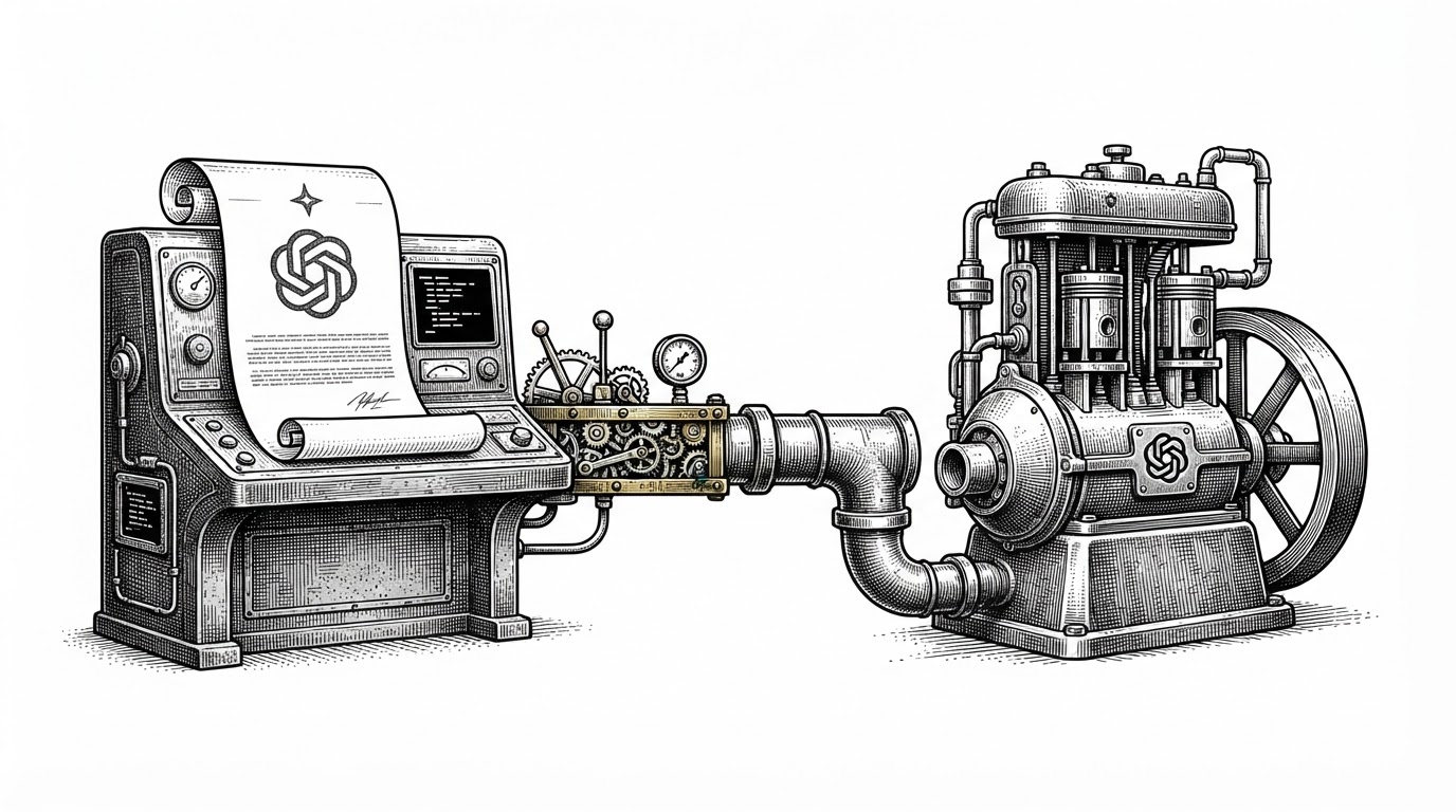 A close-up of a narrow adapter pipe connecting a standardized client interface on the left to a different model engine on the right. The left side looks like a familiar OpenAI-shaped contract, while the right side clearly marks a separate provider, joined by a single clean plumbing layer.