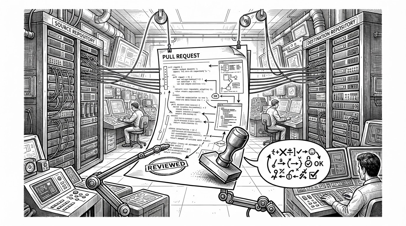 A wide editorial scene showing a pull request suspended between two repositories, with file paths moving across as thin threads. One side acts like a mirror while a review stamp and comment marker suggest the same system also writes feedback back into the PR.