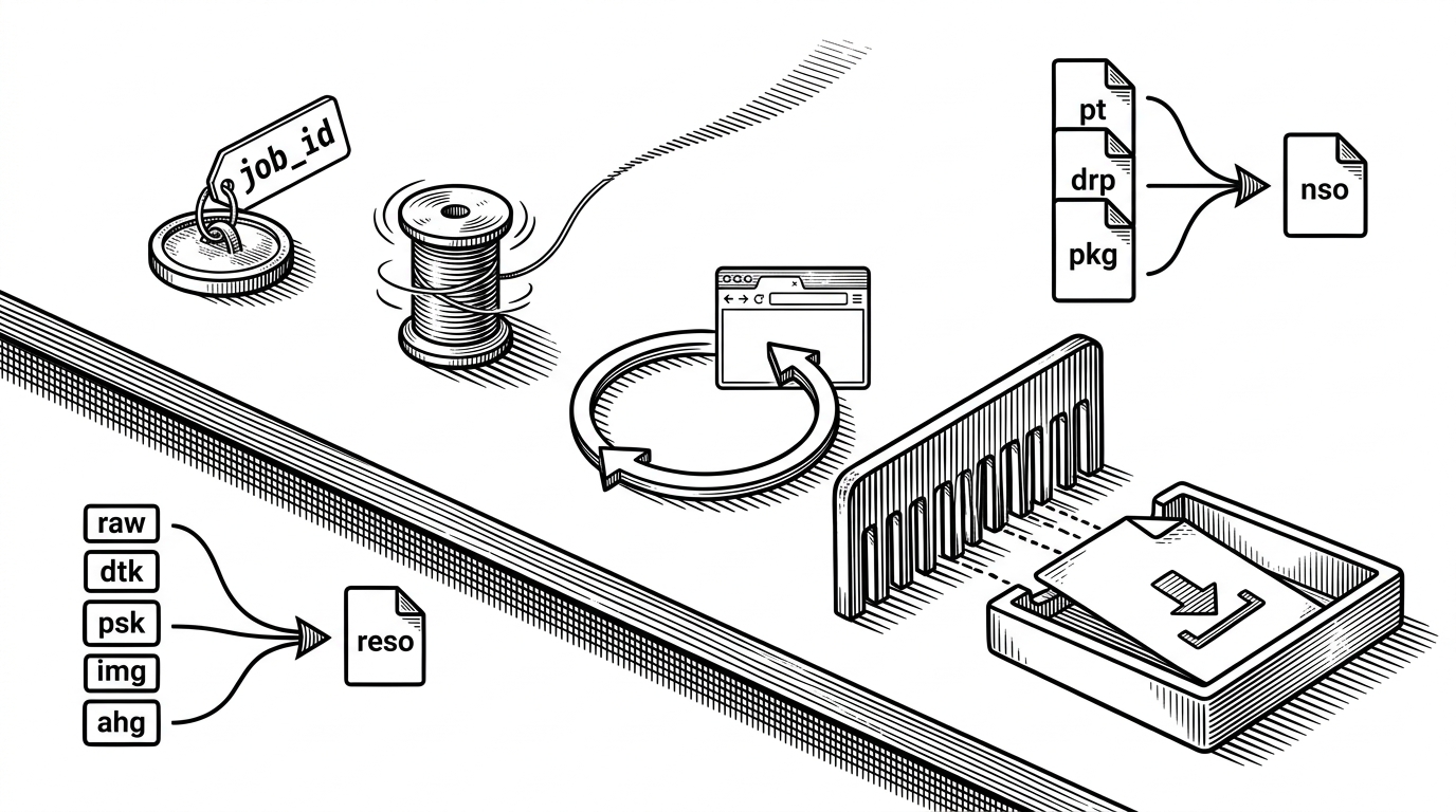 A close-up of a lightweight control bench with a short job token, a spinning thread, a polling loop, and a filename sanitizer arranged like precision instruments. The image explains how a small backend can coordinate a download without a queue system or framework.