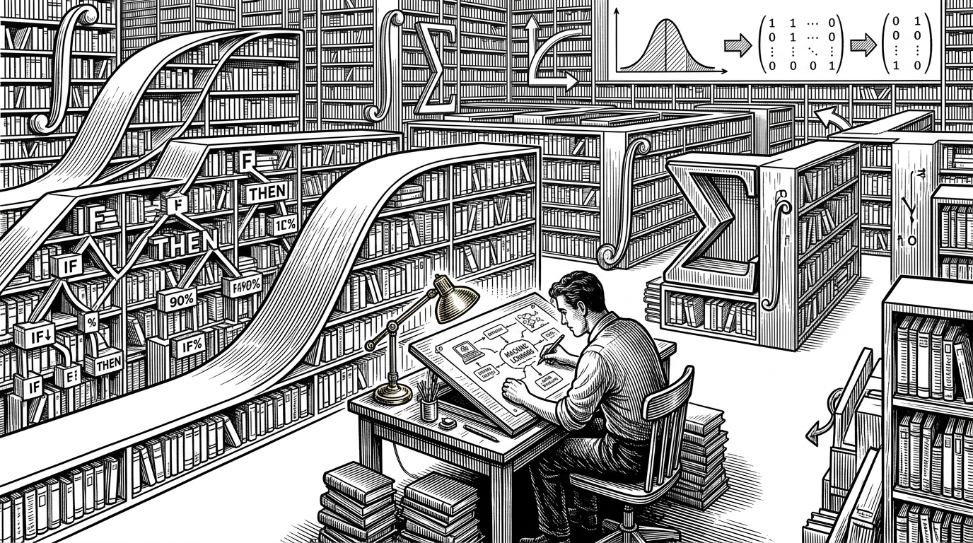 A vast library with bookshelves shaped like mathematical symbols, where a person draws a glowing infographic. This illustrates the creation of a visual syllabus for complex mathematical concepts.