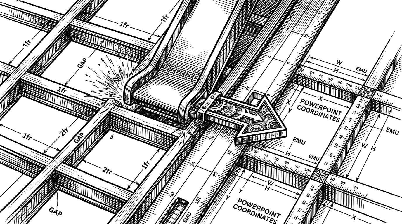 A close-up diagram shows a slide snapping into a lattice of tracks labeled 1fr, 2fr, and gap. On the other side, the same elements are translated into PowerPoint coordinates and EMU measurements, explaining how the project bridges web-style layout logic and presentation file geometry.
