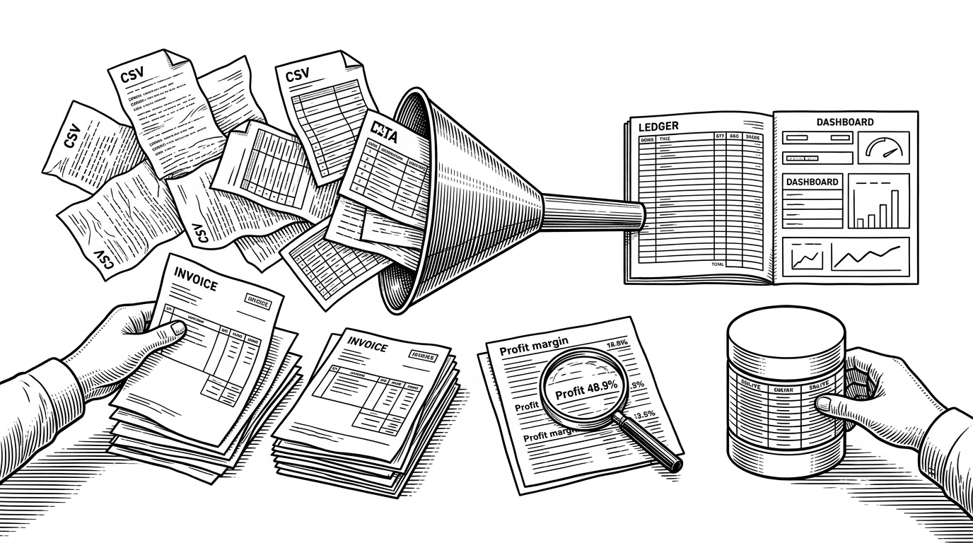 A warehouse desk turns a stack of messy retail exports into a clean dashboard through a narrow analytical funnel. The scene explains that the project is not just about visualization, but about transforming raw vendor data into defensible metrics.