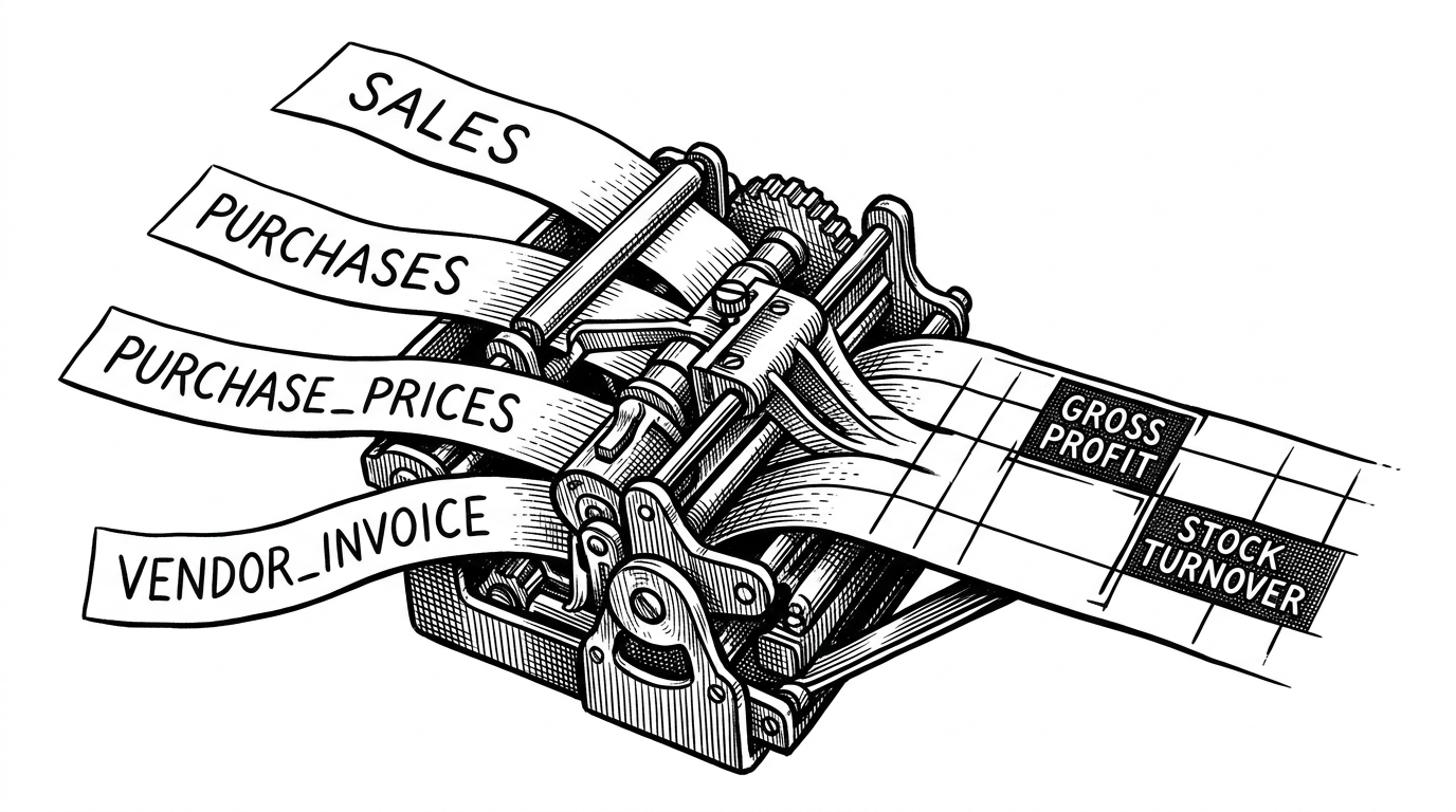 Four source strips labeled sales, purchases, purchase_prices, and vendor_invoice interlock into one vendor summary table. The image explains how the analysis is built from joins, not from a single flat export.