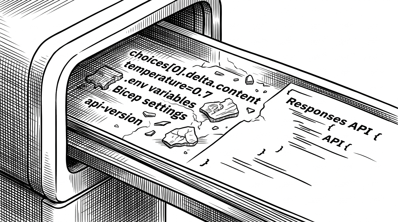 A close-up scanner beam passes over a codebase and reveals hidden fossils inside it. The beam lights up legacy fragments such as choices[0].delta.content, temperature=0.7, .env variables, Bicep settings, and api-version, then shows them being rewritten into a cleaner Responses API shape on the other side. It explains that the repo finds migration debt by pattern, not by brute-force renaming.
