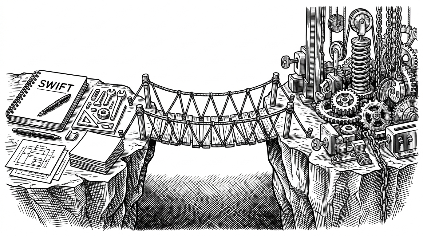 A close editorial scene of a narrow bridge spanning a deep gap between an app-side desk and a kernel-side machinery room. On one side sit Swift notes and a clean compiler toolchain. On the other side are strict locks, gears, and low-level mechanisms. The composition emphasizes the risk and precision of crossing a system boundary with a language that is usually used higher up the stack.