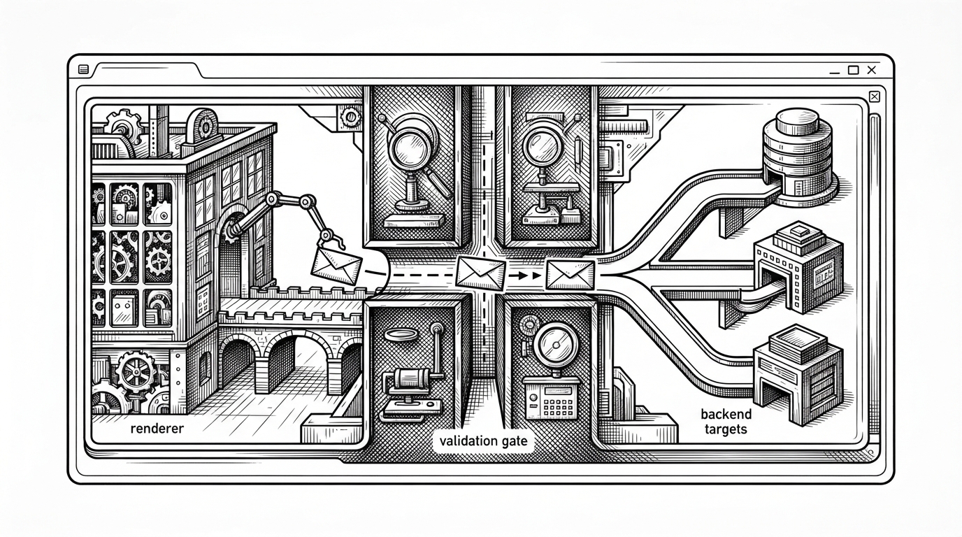 A close-up of a narrow mechanical bridge shows a request packet crossing from a renderer side to a backend side. A validation gate sits in the middle, with the packet changing shape before it reaches one of several backend targets. The image explains how a typed IPC membrane can preserve a familiar app while swapping the engine underneath.
