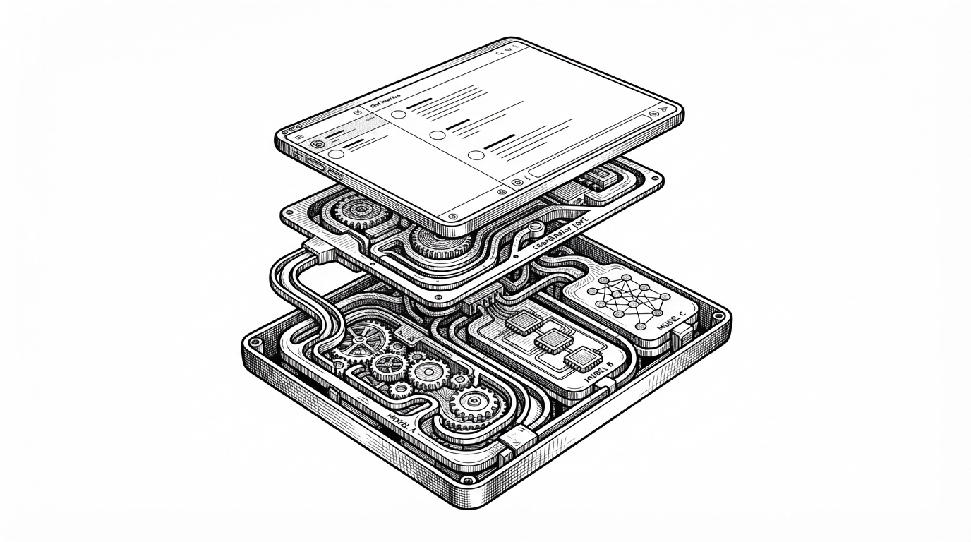 A polished desktop chat app is shown as a cutaway, with its bright interface floating above hidden gears, bridge seams, and alternate backend routes beneath it. The image explains that the visible product stays intact while the contract layer underneath is reconstructed and redirected.