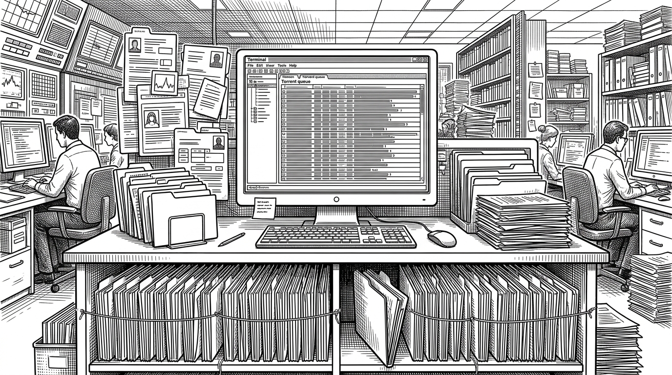 A wide editorial scene shows a terminal window staged like an operations desk. Source cards sit beside it like dossiers, and file folders below are tied together with thin threads, with one folder slightly displaced to suggest a missing local file. The image explains that torlink is not just a downloader, but a terminal workflow with memory and checks on reality.