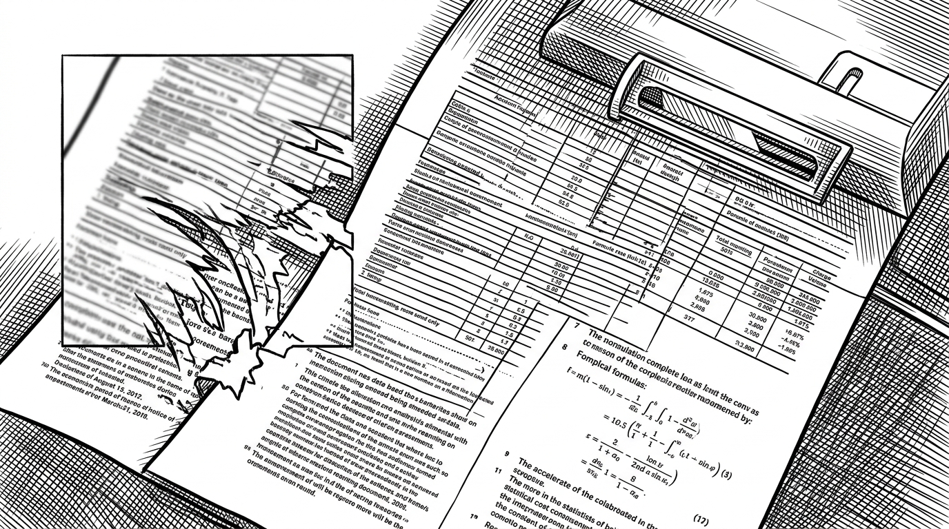 A close-up black-ink illustration shows one dense document page with tiny footnotes, table cells, and formulas. On one side, a naive crop box shreds the page into unusable pieces. On the other, overlapping high-resolution tiles stitch into a coherent reading surface, suggesting why Gundam mode improves fidelity on dense layouts.