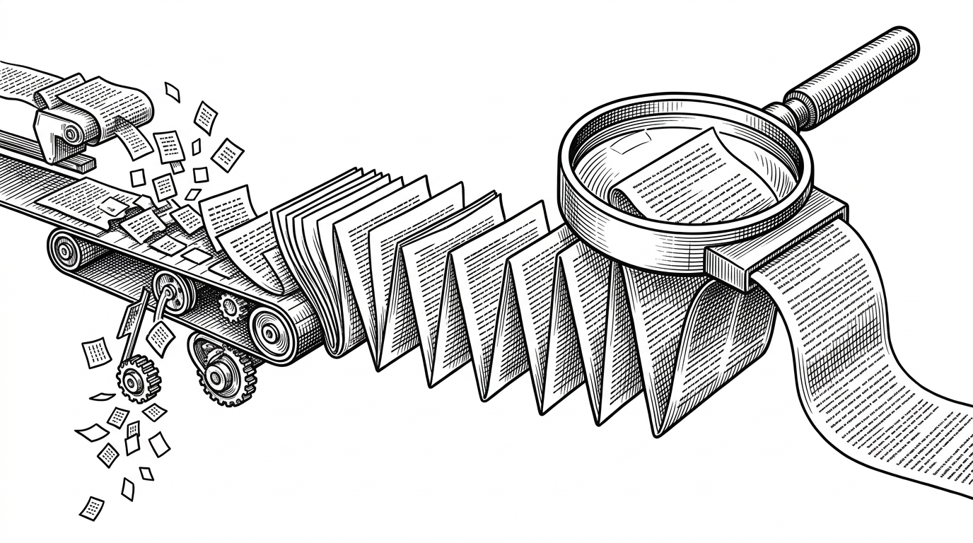 A wide black-ink editorial scene shows a traditional OCR conveyor belt on one side and a continuous document stream on the other. The first side chops pages into fragments and tries to reassemble them, while the second side keeps the document intact as one reading flow. The image explains why Unlimited-OCR is better understood as document-scale parsing than page-scale recognition.
