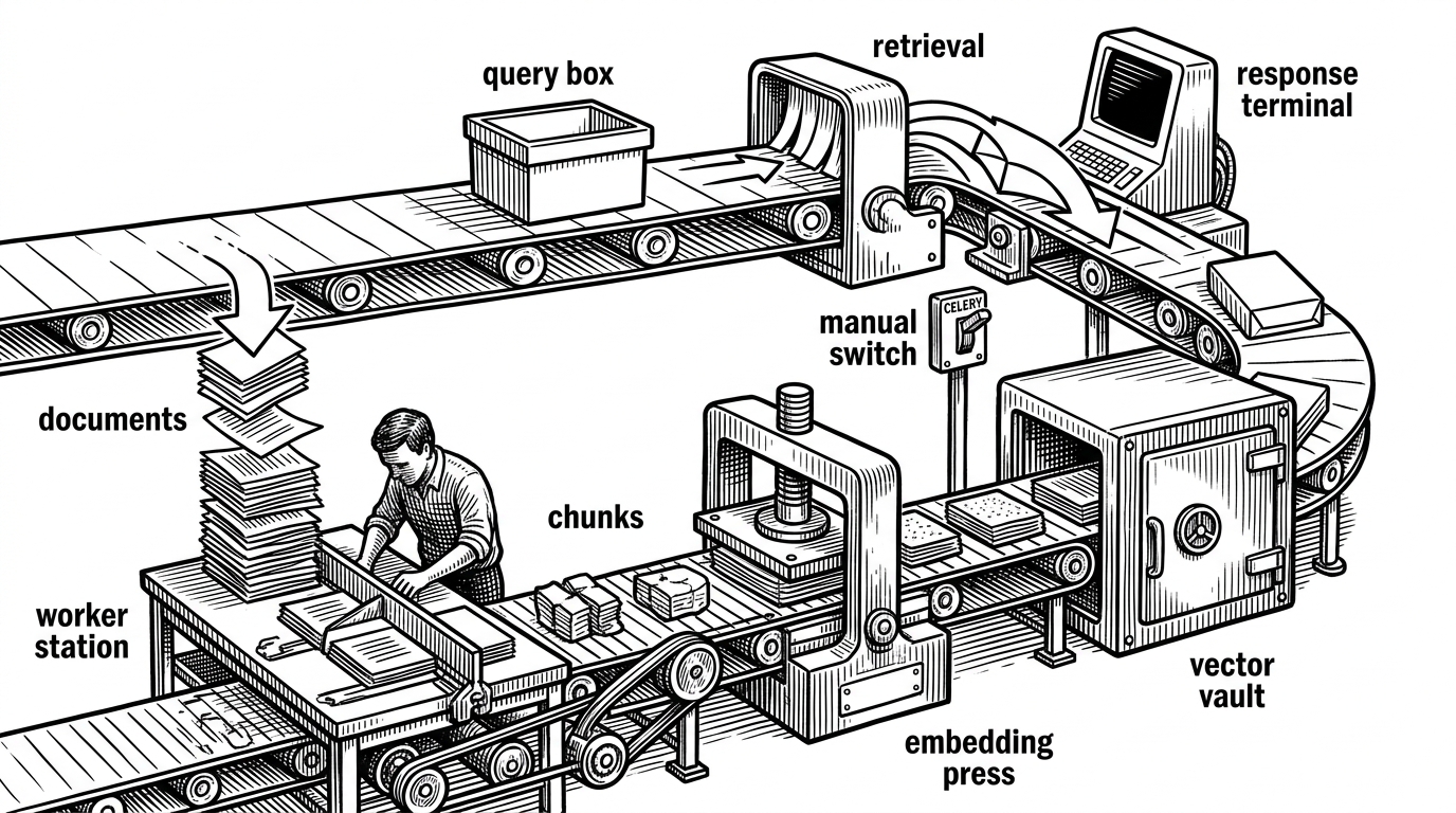 A close-up conveyor system shows two lanes moving in parallel. One lane carries user questions directly to retrieval and response, while the other sends documents through a worker station for chunking and embedding before they join storage.