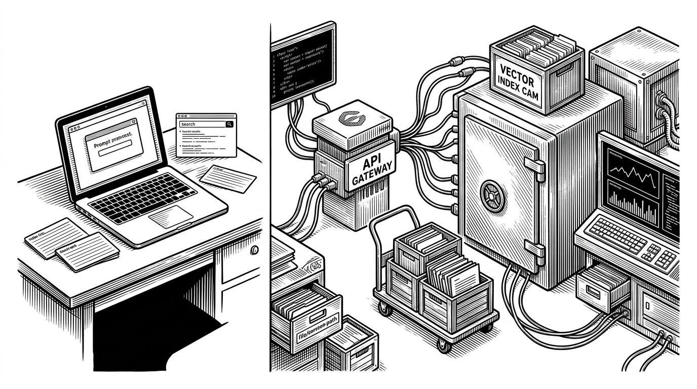 A split editorial scene shows a bare laptop prototype on one side and a layered service stack on the other. The contrast explains the article’s point: the hard part of RAG is not the demo, it is the system around it.