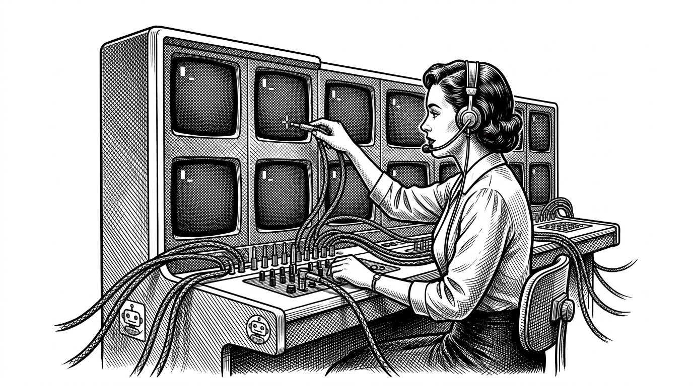 A 1950s office switchboard operator plugging thick patch cords into glowing terminal screens. This illustrates Batty orchestrating AI agents as a terminal-native middle manager.