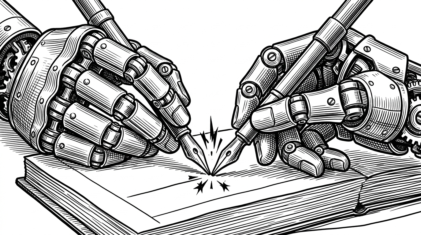 Two mechanical brass hands attempting to write on the exact same line of a single paper ledger book. The metal pen nibs are colliding forcefully, sparking, and snapping under the pressure. This illustrates the multi-agent collision problem.