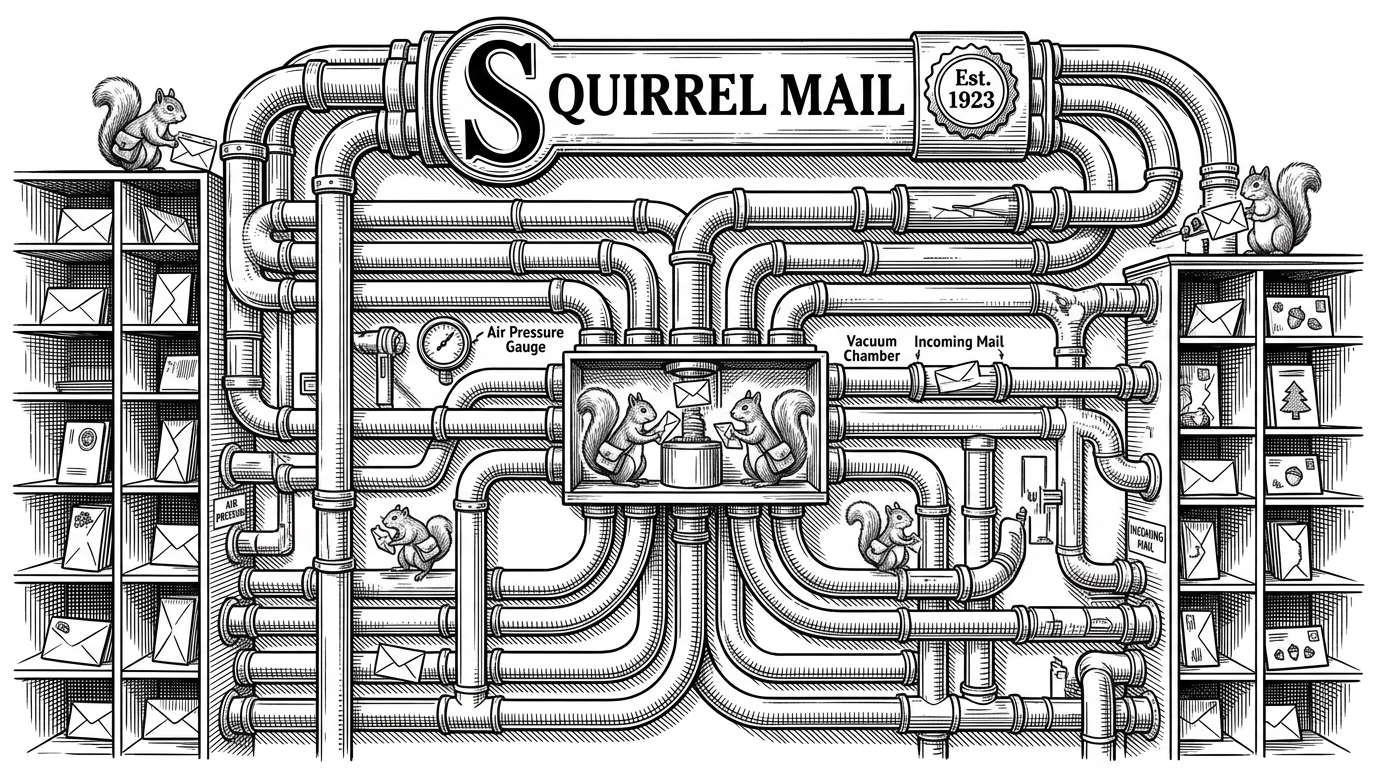 A sprawling, complex wall of brass pneumatic tubes routing physical paper envelopes between different mailroom cubbies. This illustrates the Maildir filesystem-based messaging protocol.