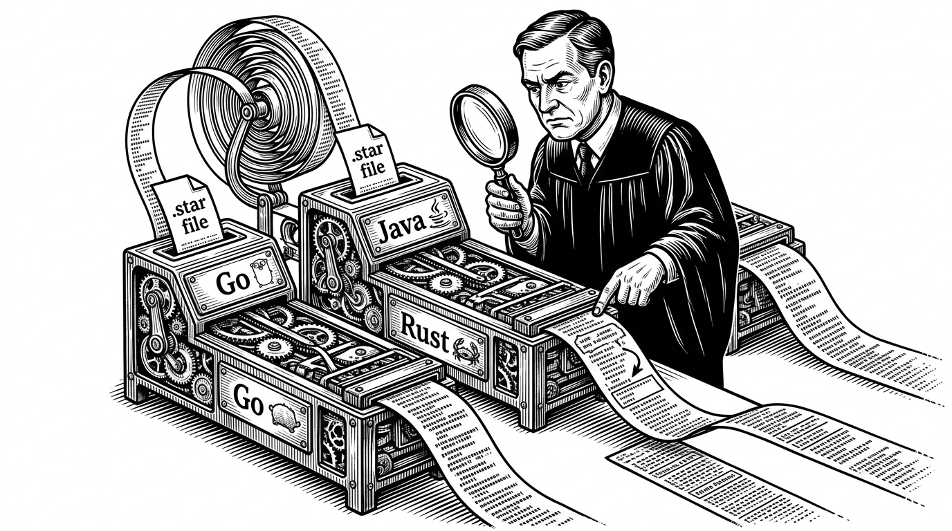 A referee stands over three test benches labeled Go, Java, and Rust while a single `.star` test file feeds into each bench. One lane emits a slightly different error message, but the referee compares the expected annotations and approves the result when the implementation-specific text matches its lane. The image explains how one test file becomes a cross-implementation contract.