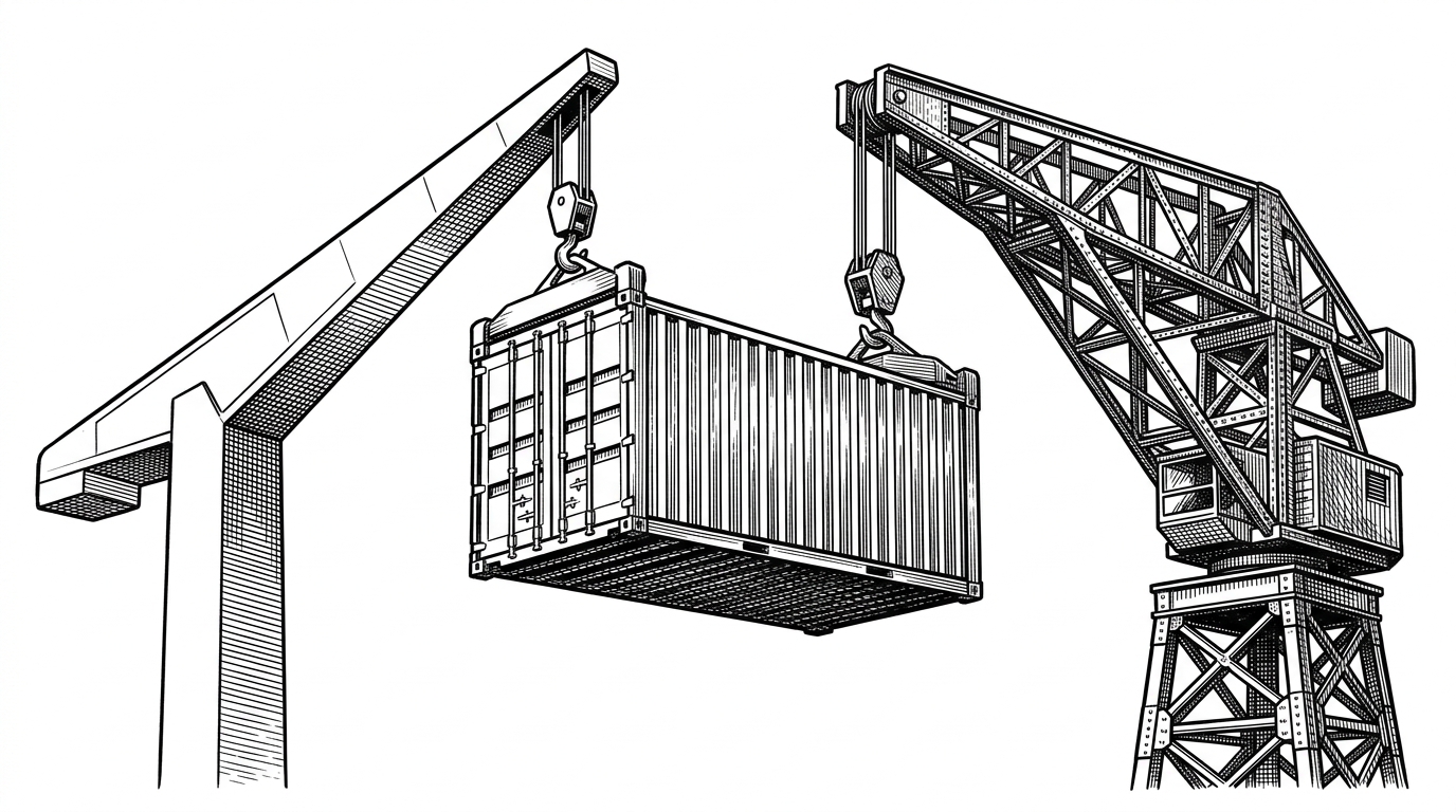 A standardized shipping container suspended mid-air. Two different styles of industrial cranes reach out with identical locking mechanisms that perfectly fit the container's corners. This illustrates how UniState's logic remains standard while different DI frameworks can maneuver it.