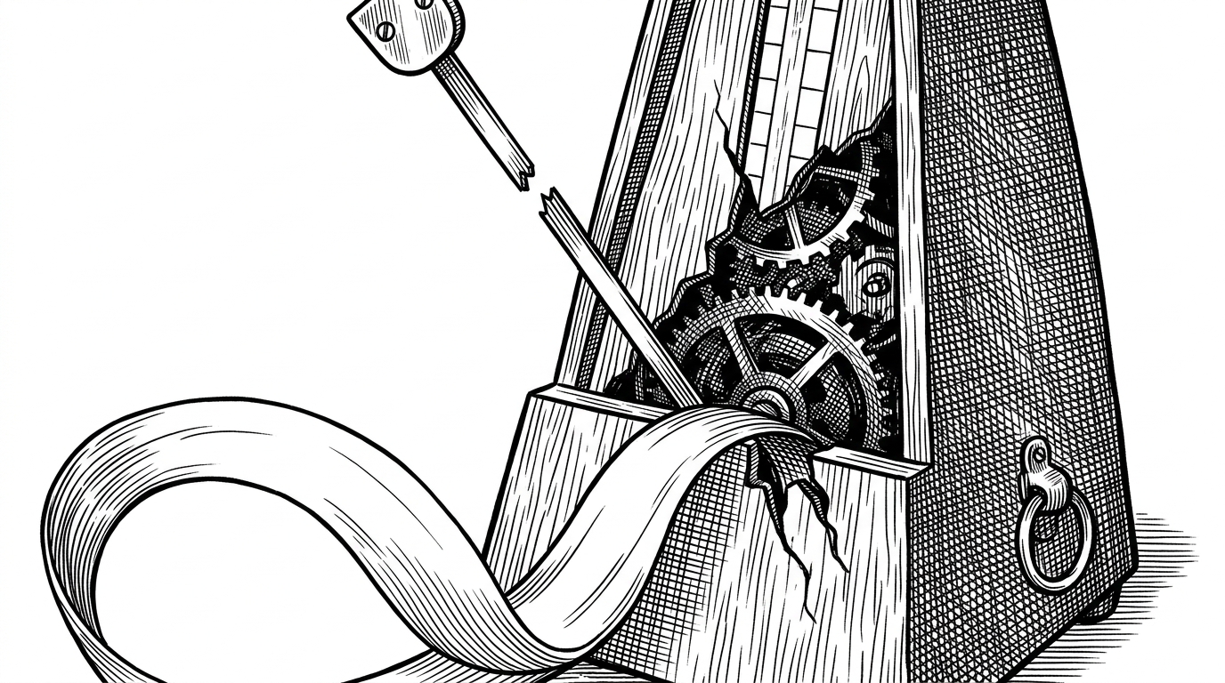 A broken mechanical metronome with its pendulum snapped. A smooth ribbon of ink flows from its base, bypassing the rigid gears. This represents escaping the rigid, ticking Update() frame rate in favor of a continuous asynchronous flow.
