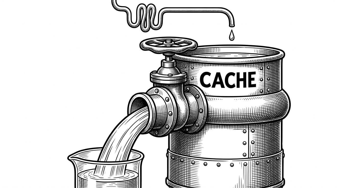 A sturdy local water reservoir instantly pouring a solid stream into a beaker, while a thin pipe slowly drips refills from above.